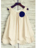 Linen Flower Girl Dress with Navy Blue Flower 